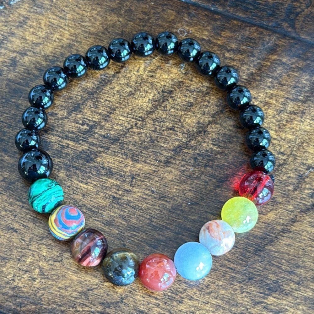 Colorful Chakra Energy Bead Bracelet, Stretch Design, Black Gloss & Gemstones